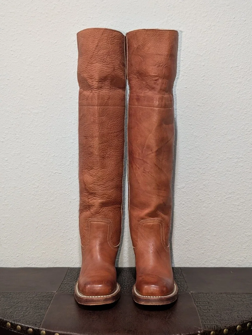 Vintage Frye Made in USA Over The Knee Leather Boots Cognac Brown Size 5.5M
